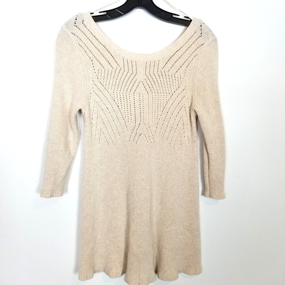 Anthropologie Knitted & Knotted Pointelle SweaterSz S Beige Cotton Cashmere Boho
